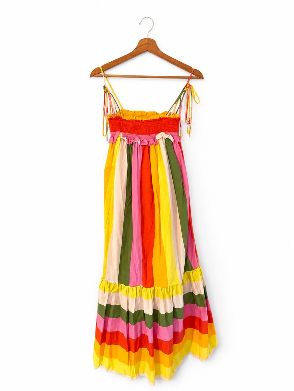 FARM Rio Mixed Neon Striped Smocked Tiered Midi Dress Size M NWOT - Picture 2 of 7